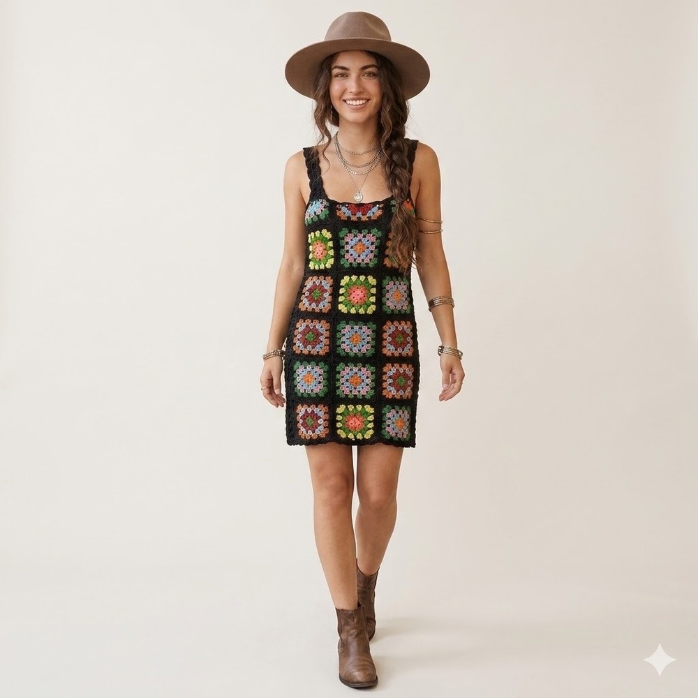 Emma & Posh Crochet Mini Dress Womens Small Black Multi Granny Square Boho Knit